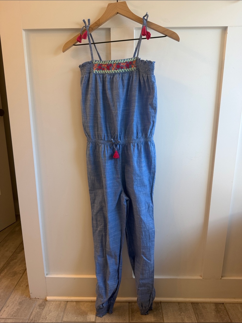 Hatley Girls Embroidered Smocked Chambray Jumpsuit Size 12